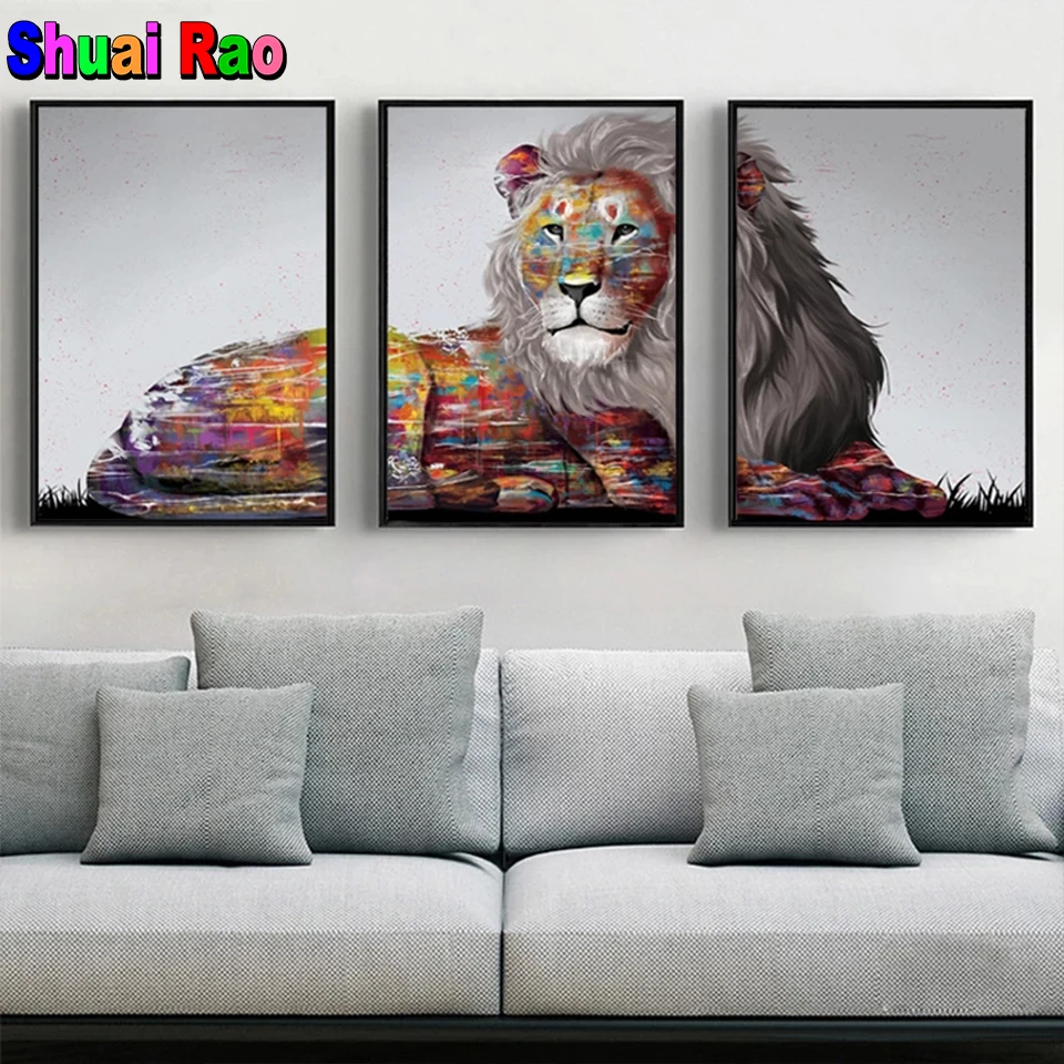 

3 panels set Triptych painting lion 5d diy diamond painting mosaic full square/round drill animal daimond embroidery home decor