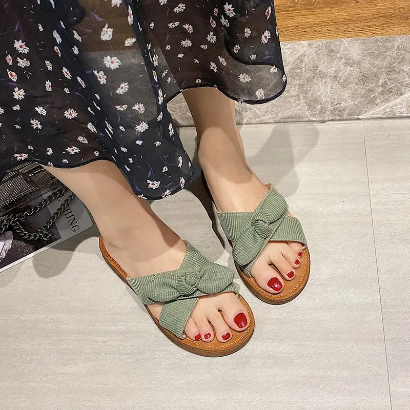 

2021 New Summer Slippers Female Flat Bottom Canvas Bow Knot Thick Bottom Platform Women Shoes Woman Slides Beach Shoes Plus Size