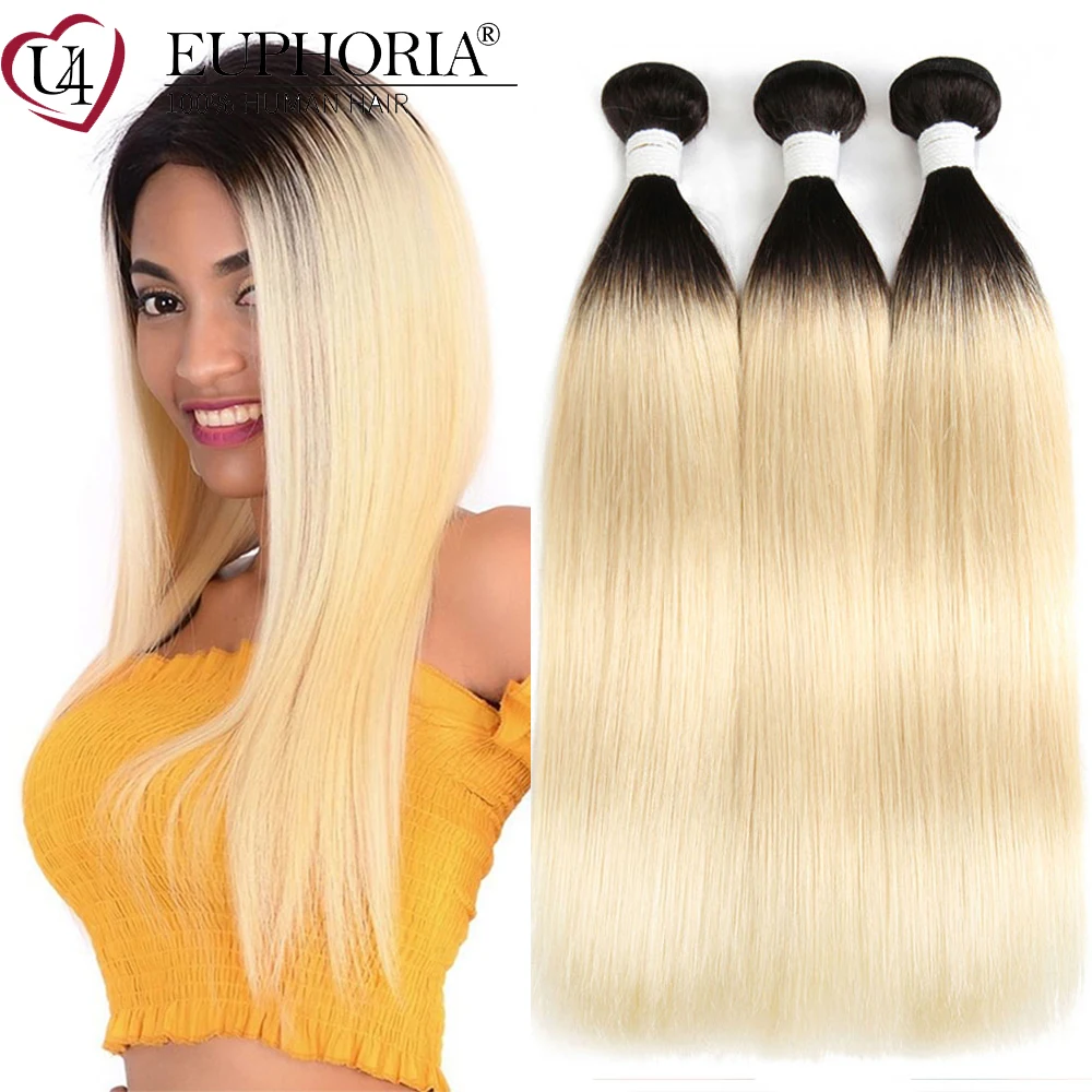 Blonde 613 Straight Hair Bundles 1/3/4Pcs Brazilian Remy 100% Human Hair Bundles Ombre Blonde Hair Weaving Extensions EUPHORIA