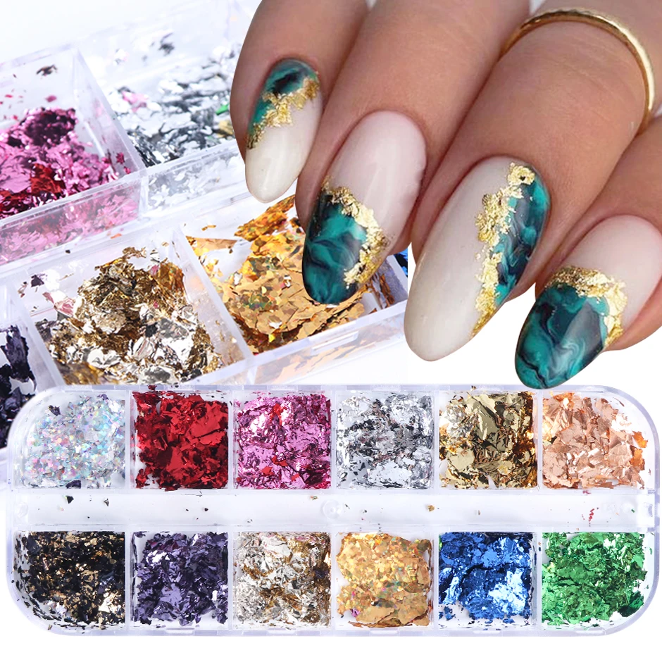 

Голографические Алюминиевые Ногти Блестящие Хлопья Наклейка Золотые Черные Блестки Нерегулярный Дизайн Зимние Подвески Аксессуары Украш...