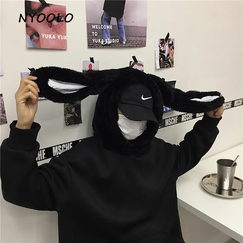 NYOOLO Harajuku стиль Свободные толстовки с заячьими ушками осень зима плюс бархат длинный рукав с капюшоном Пуловеры Толстовка для женщин и мужчин топы