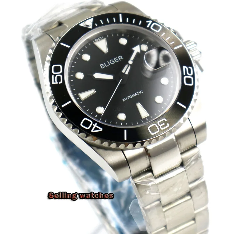 

New Black BLIGER Mechancial Watch Men Wristwatch MIYOTA/MINGZHU Movement Brushed Bezel Insert Sapphire Glass Steel Band