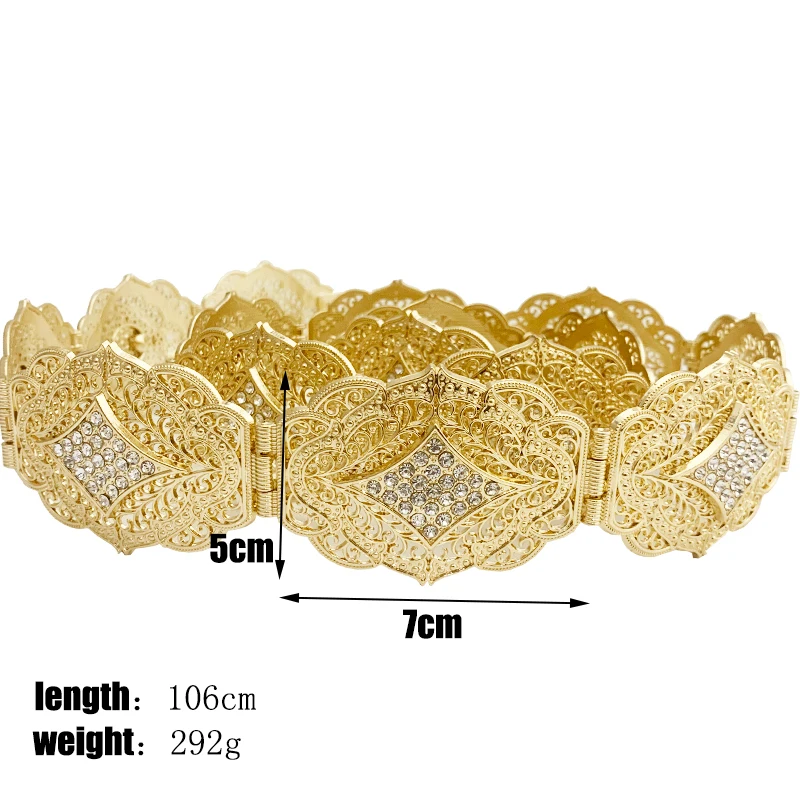 Caucasian nationality full rhinestone gold silver wedding decoration belt hollow carving metal waist chain adjustable length