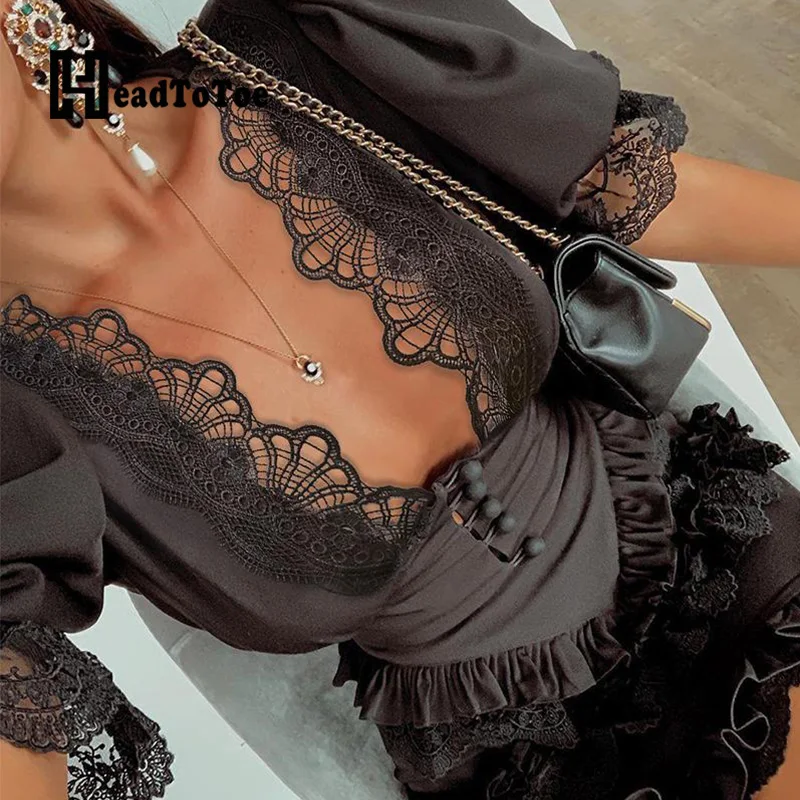 Кружевное платье с пышными рукавами мини корсет оборками женские вечерние
