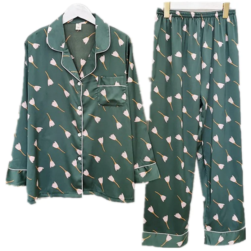 

Hot Sale Spring Autumn Sleepwear Silk Lady Pajama Set Long Sleeves+Pans Underwear Lovely Nightwear Pijama Pyjama Loose Homewear