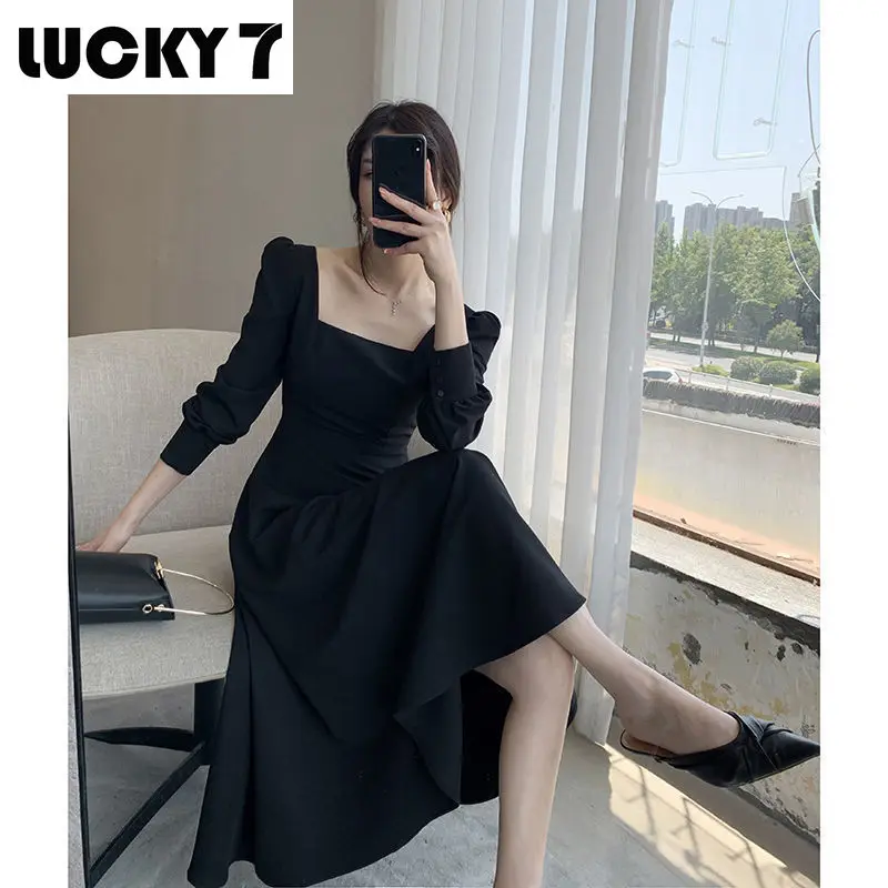 

Korean retro black long-sleeved mid-length dress women's French square neck elegant party dress 2021 autumn fashion short skirt