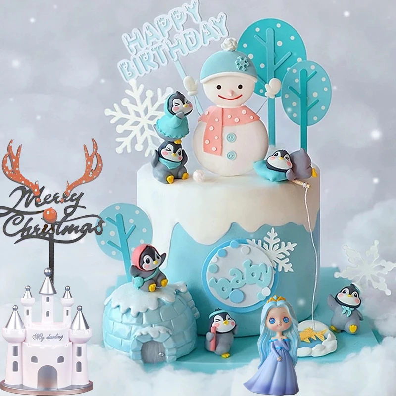 

Winter princess Penguin snowman Christmas Cake Topper for Snowflake Xmas Party flag Baking Decoration Dessert Supplies Love Gift