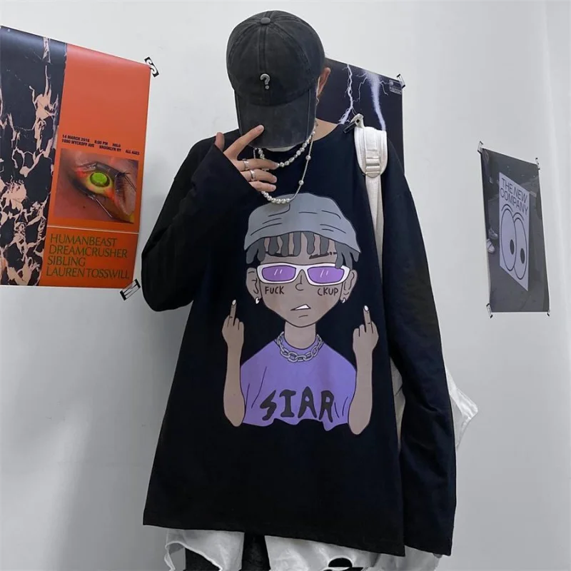 

Plus size men's long-sleeved t-shirt college style street personality cartoon graffiti youth fall/winter T-shirt