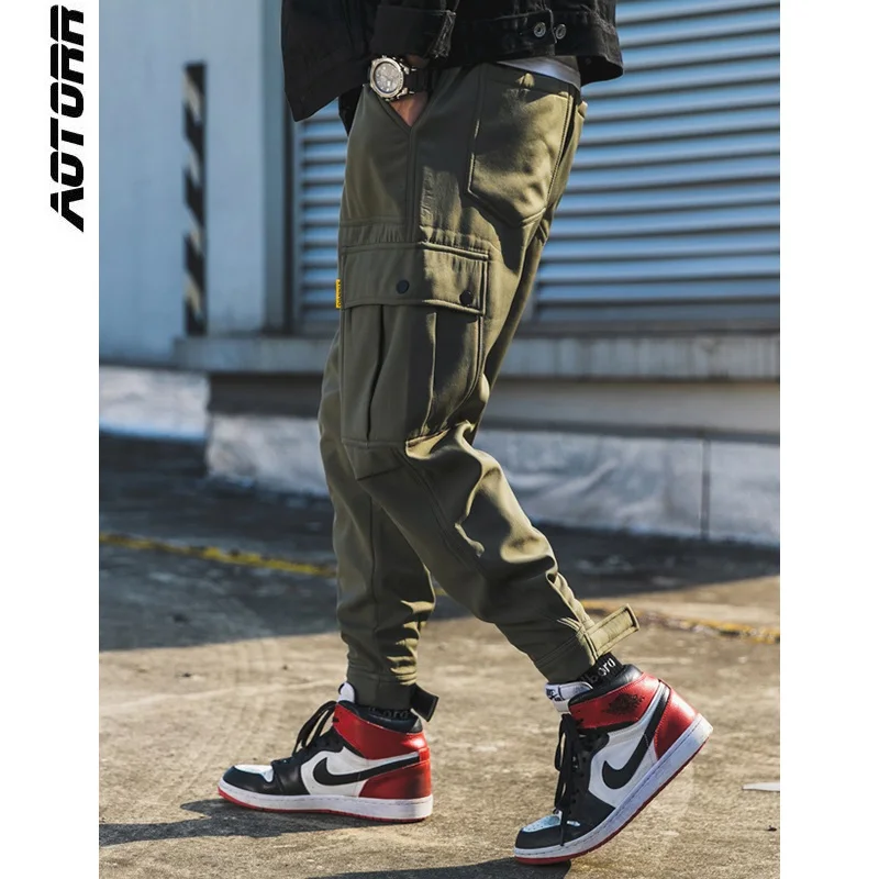 Мужские черные шаровары летние мужские брюки-карго с завязкой на щиколотке