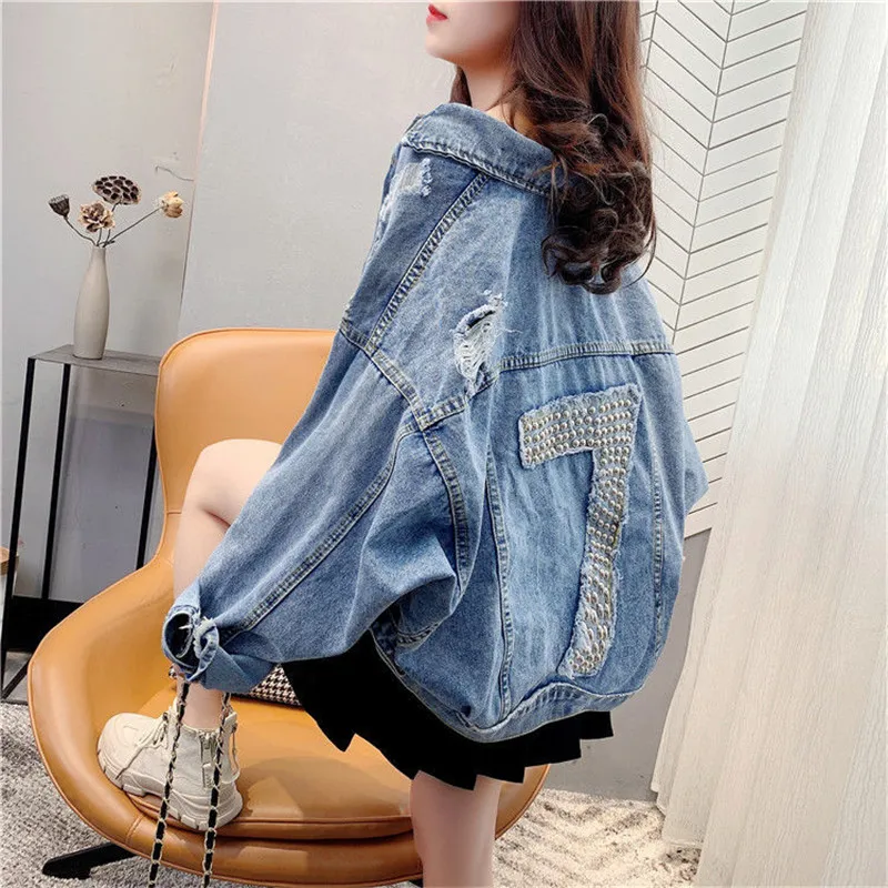

Women's denim jacket 2020 korean style solid casual blue jackets autumn plus size loose jeans coats female casual japan tops