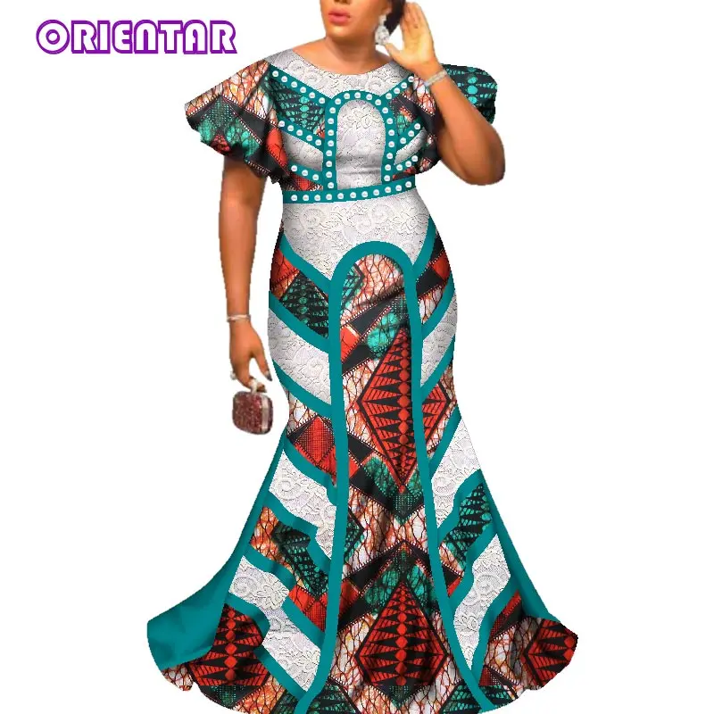 

2XL Size In Stock African Print Maxi Dresses Women Bazin Riche O-neck Dashiki Lace African Dress Robe Africaine WY2586-XH