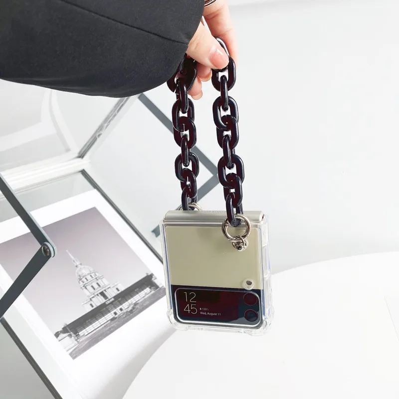Luxury Cute Black Chunky Chain Bracelet Case for Samsung Galaxy Z Flip 3 ZFlip 5G ZFlip4 Long Beads Strap Clear Protective Cover