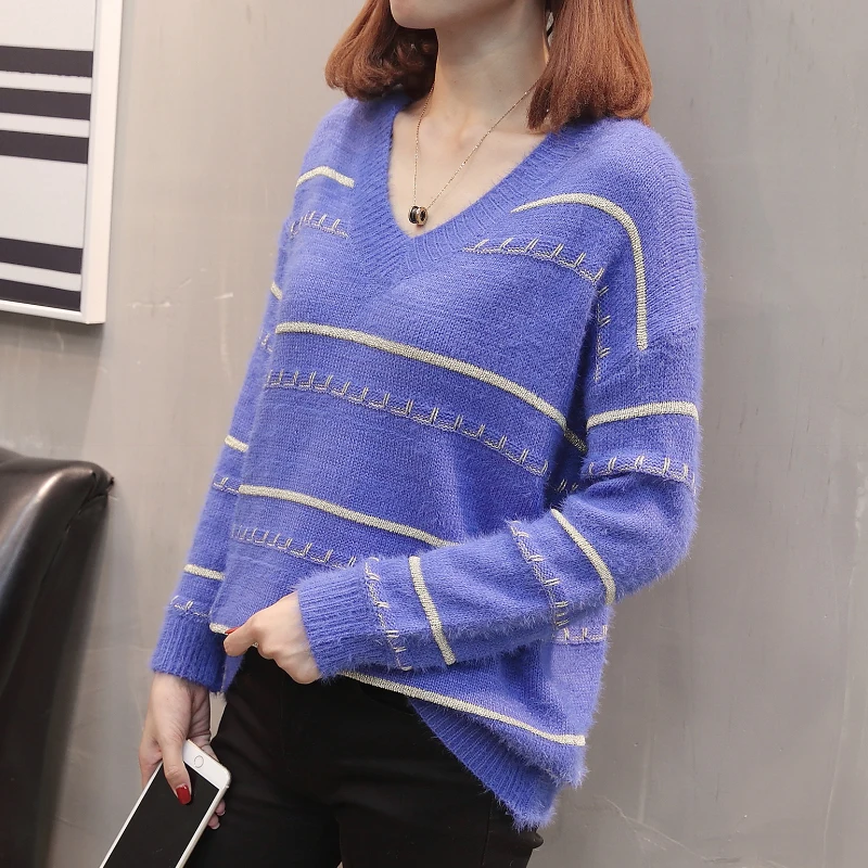 Женский вязаный пуловер в полоску свободный джемпер большого размера с длинными