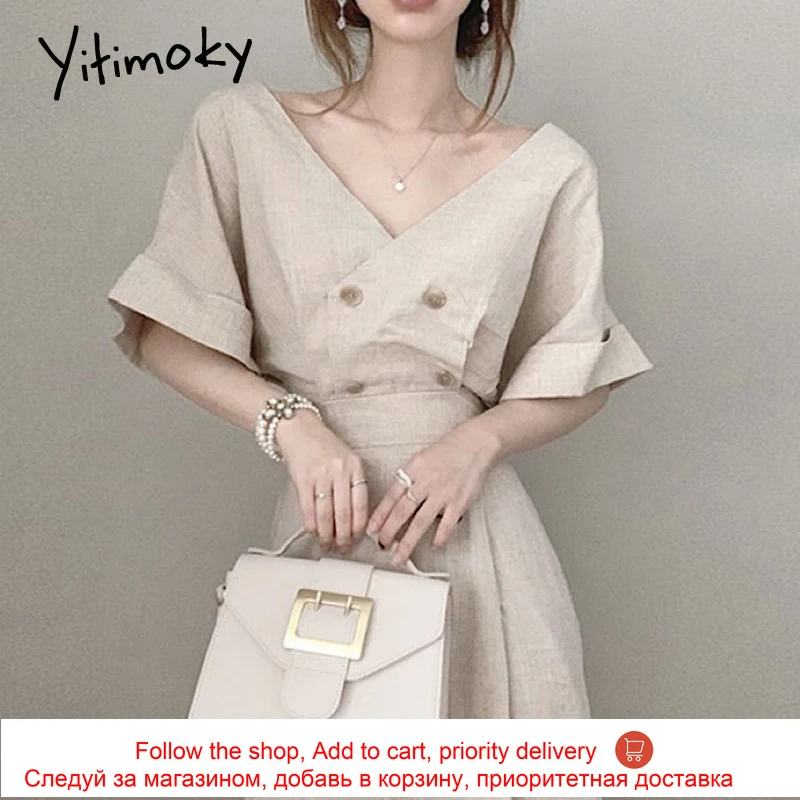 

Yitimoky Simple Woman Dress Deep V Neck Puff Short Sleeve 2021 Summer Korean New Double Breasted High Waist Elegant Dresses