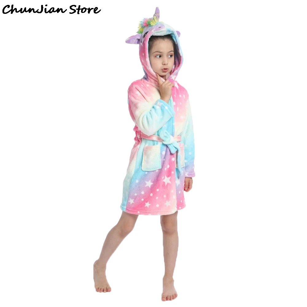 Халат детский зимний с капюшоном пижама изображением единорога для девочек