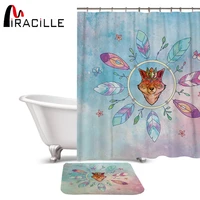 miracille colorful feather shower curtain sets printed polyester waterproof fashion anti slip rugs fashion carpets for toilet