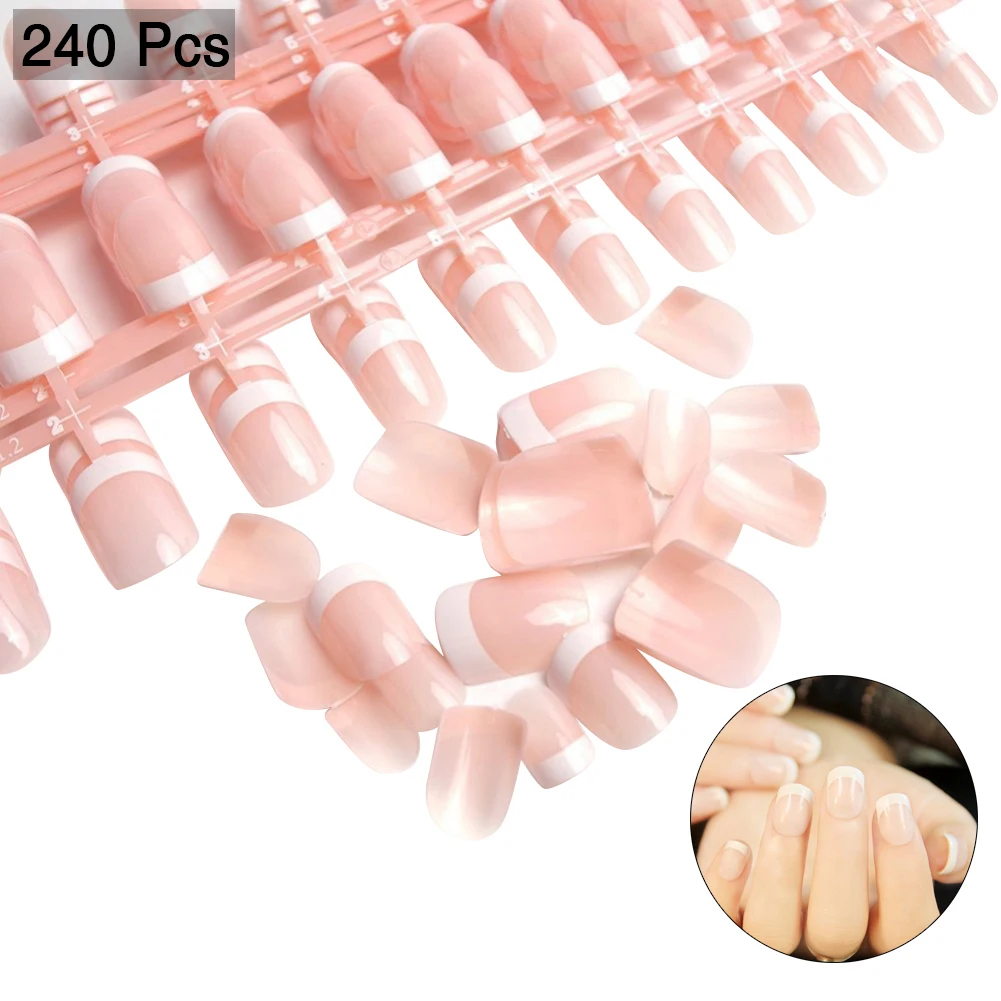 

Натуральные Французские короткие накладные ногти 240 шт. 12 разных размеров акриловые классические полностью искусственные ногти с простым ч...