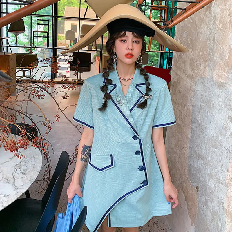 

XITAO Asymmetrical Plaid Single Breasted Dress 2021 Summer New Arrival Personality Fashion Notched Short Sleeve Dress WMD0624