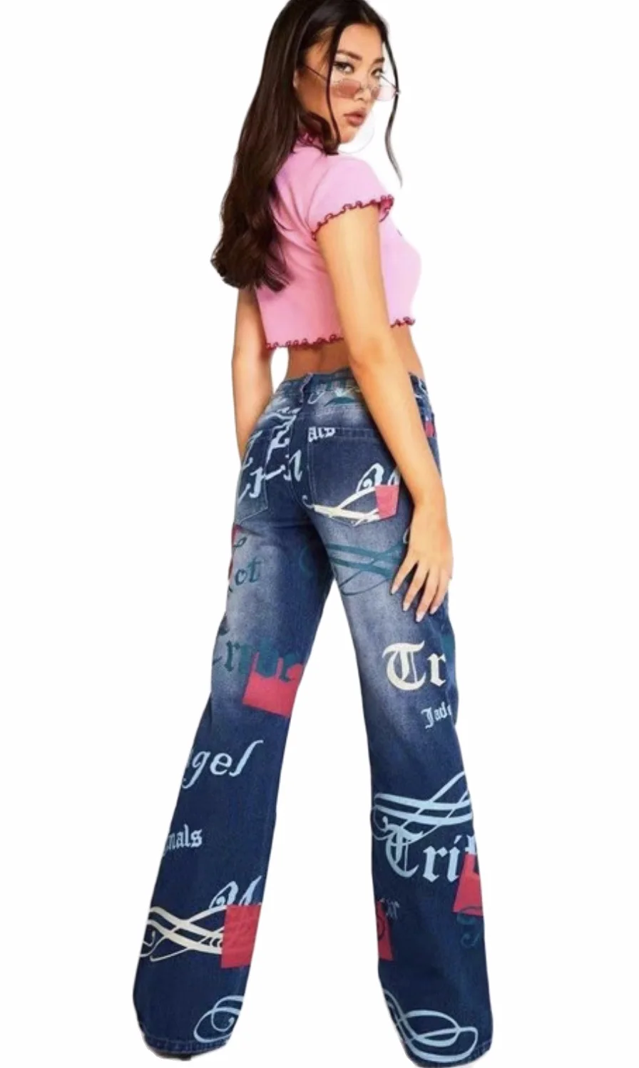 

New American high street net red retro letters print straight leg jeans pants