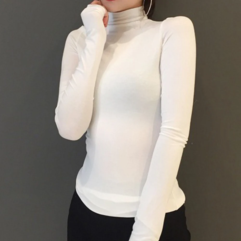 

Sexy Top Women Shirts Casual Solid Color Base Shirt Long Sleeve Turtle Neck Slim Top Black White All-match Simple T Shirt