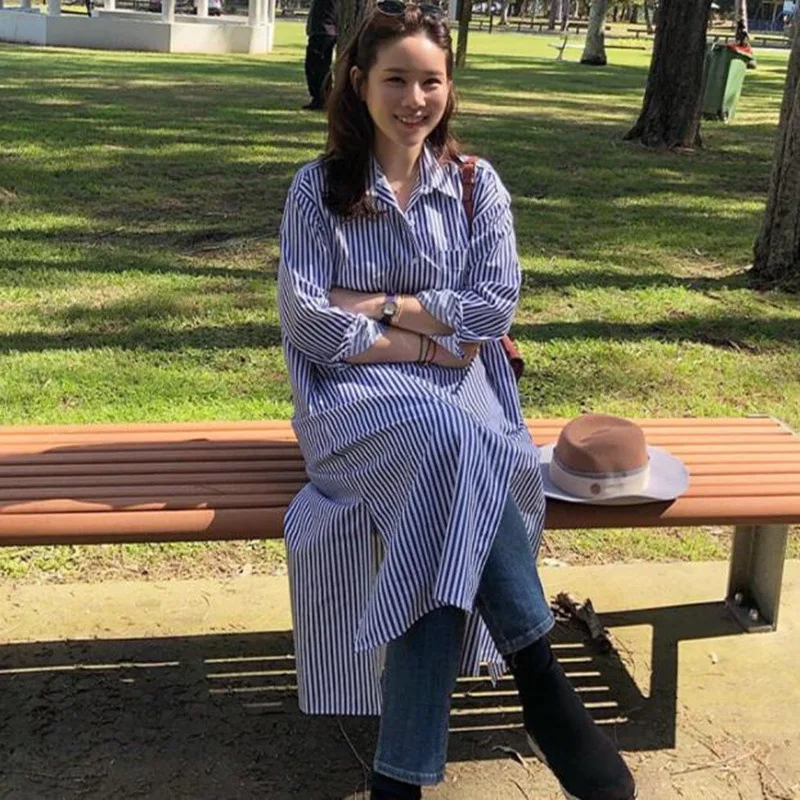 LANMREM spring trendy new over the knee long blue striped shirt style dress female loose large size casual clothes YJ222 | Женская