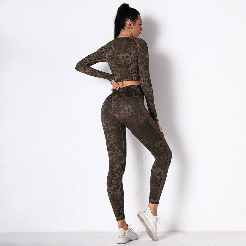 

Yoga dress women's new seamless knitting camouflage yoga suit high elastic body tie long sleeve yoga pants women