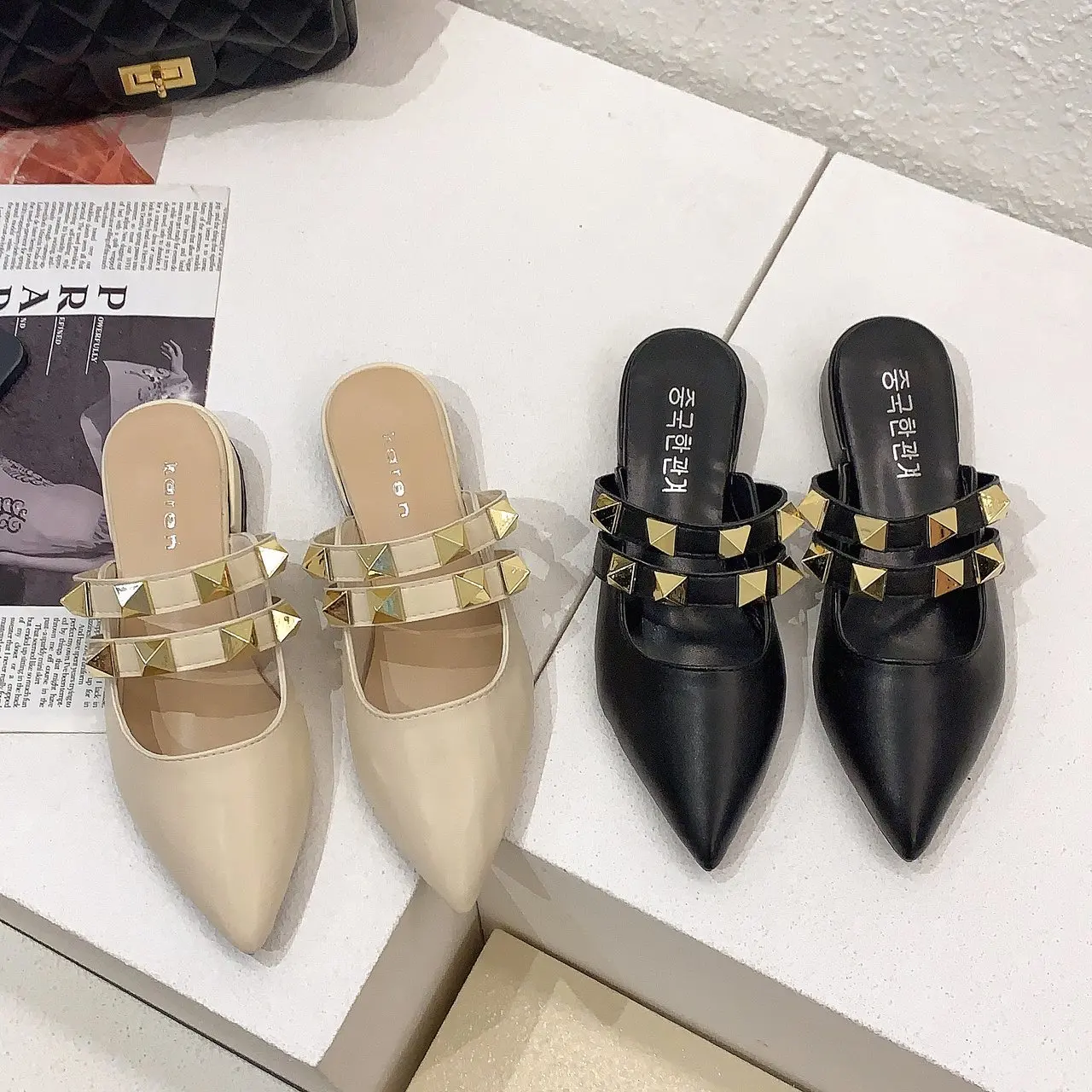 

Studded Ribbon Pointed Toe Flat Shoes Ladies Slippers Rock Style Comfortable and Luxury Brand Design, Spring 2021
