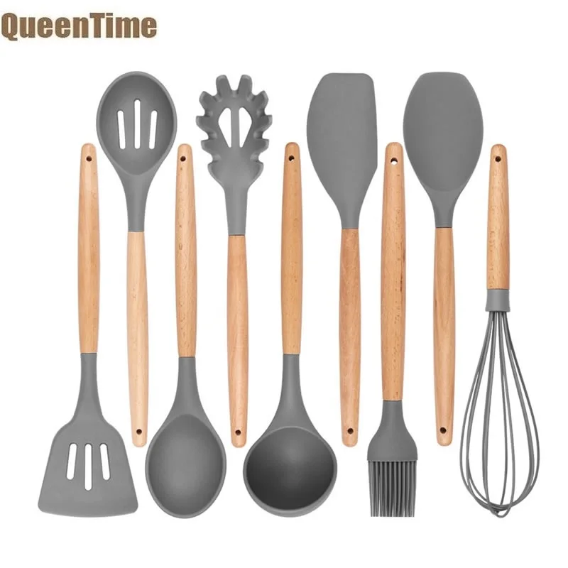 QueenTime 9 шт./компл. силиконовые Кухня посуда шпатель длинной ложки половник лопатка для сковороды с горизонтальными прорезями тепло устойчивый скребок Пособия по кулинарии гаджет