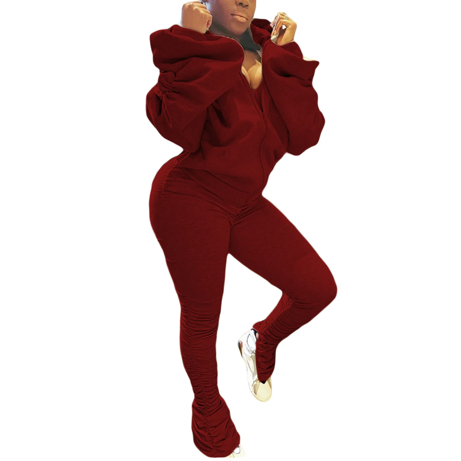 

Women\u2019s Two Piece Casual Clothes Fashion Solid Color Backless Long Sleeve Hooded Top and Elastic High Waist Trousers