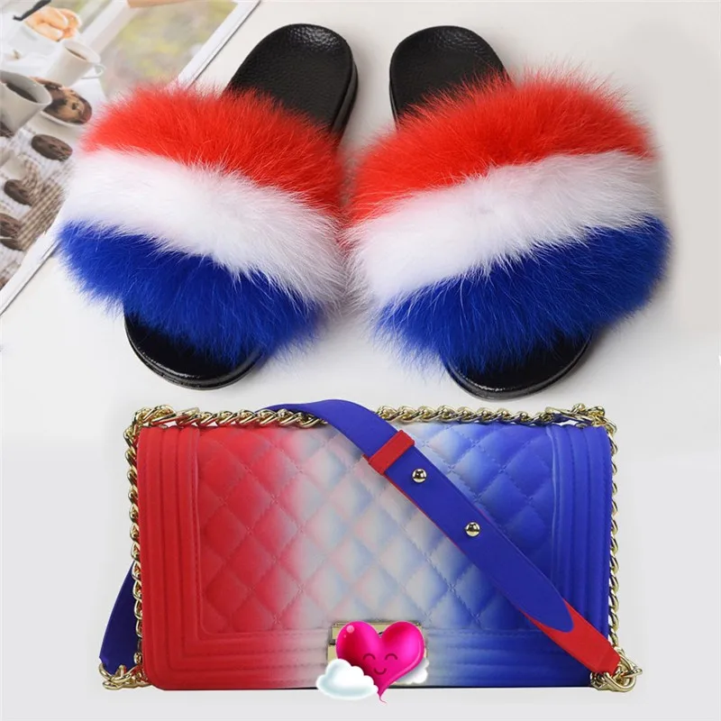 Симпатичные женские шлепанцы из лисьего меха пушистые для женщин летние