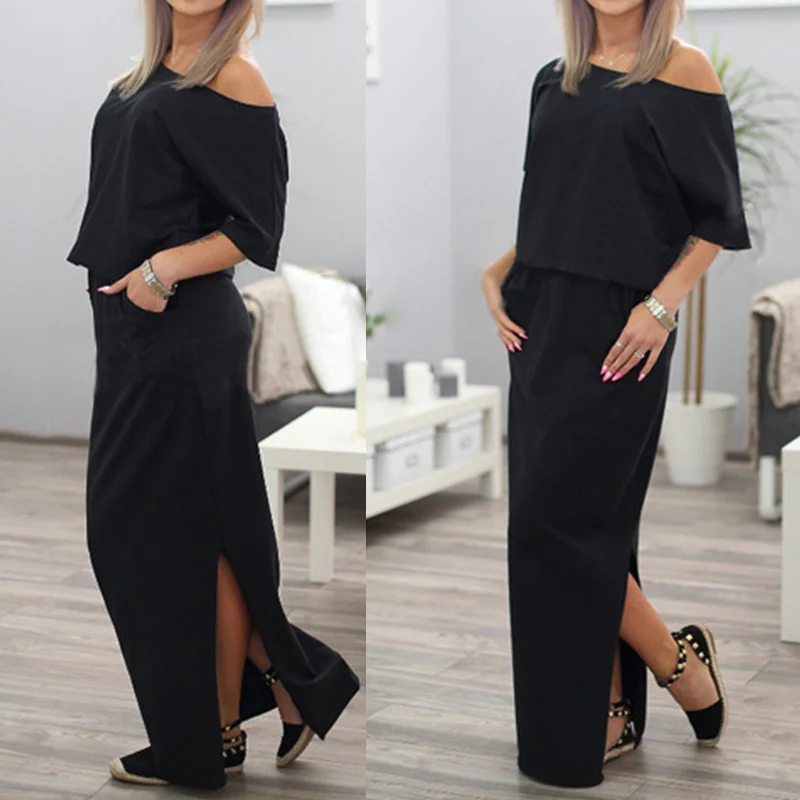 Женское бохо-платье макси с коротким рукавом, разрезом на боку и карманами для пляжа и вечеринок, размер 2XL, лето 2020.