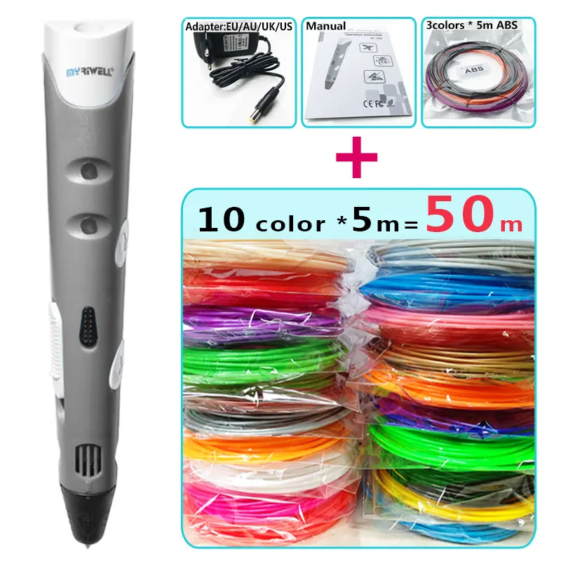 Myriwell 3d ручки+ 10*5 м ABS нити, 3 d Ручка 3d модель Смарт 3d печать Ручка лучший подарок для Kidspen-3d 3d-ручка - Цвет: Grey pen