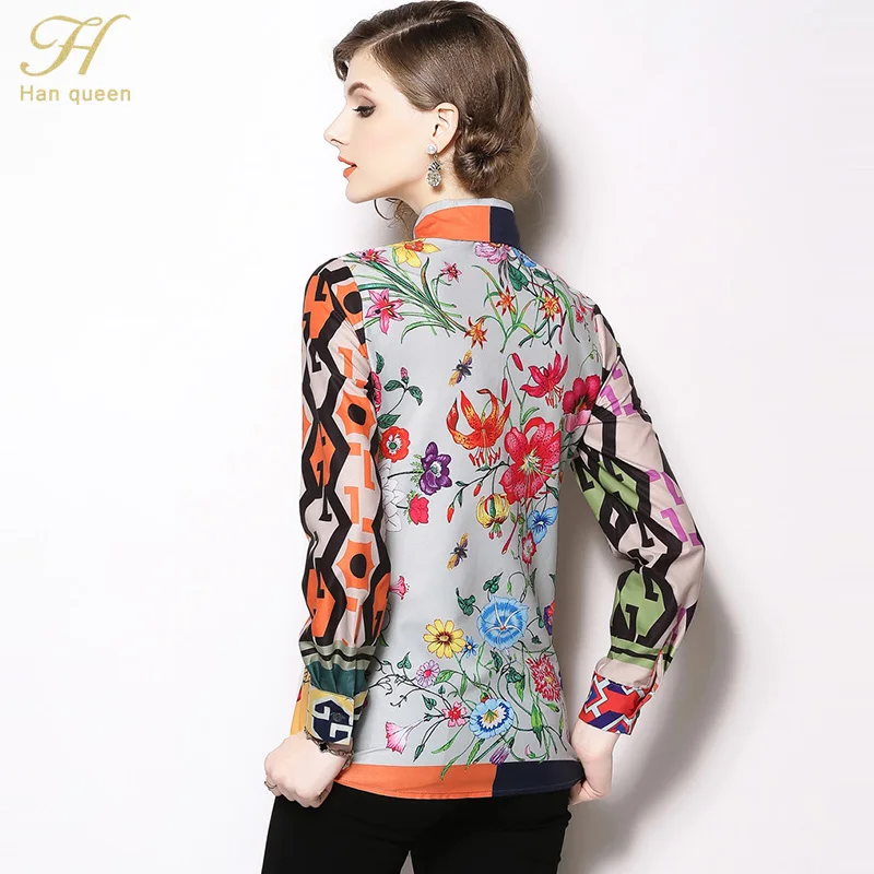 

2021 fahsion Queen Women Vintage floral Print Ladies Tops chiffon Long sleeve Casual Blouse Female Work Wear Office Shirts