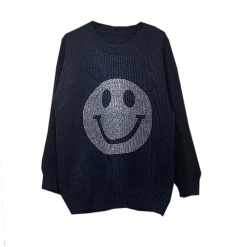 

Smiley printed knitted thickened 2020 autumn and winter new round neck lazy style loose long-sleeved pullove women's mid-length