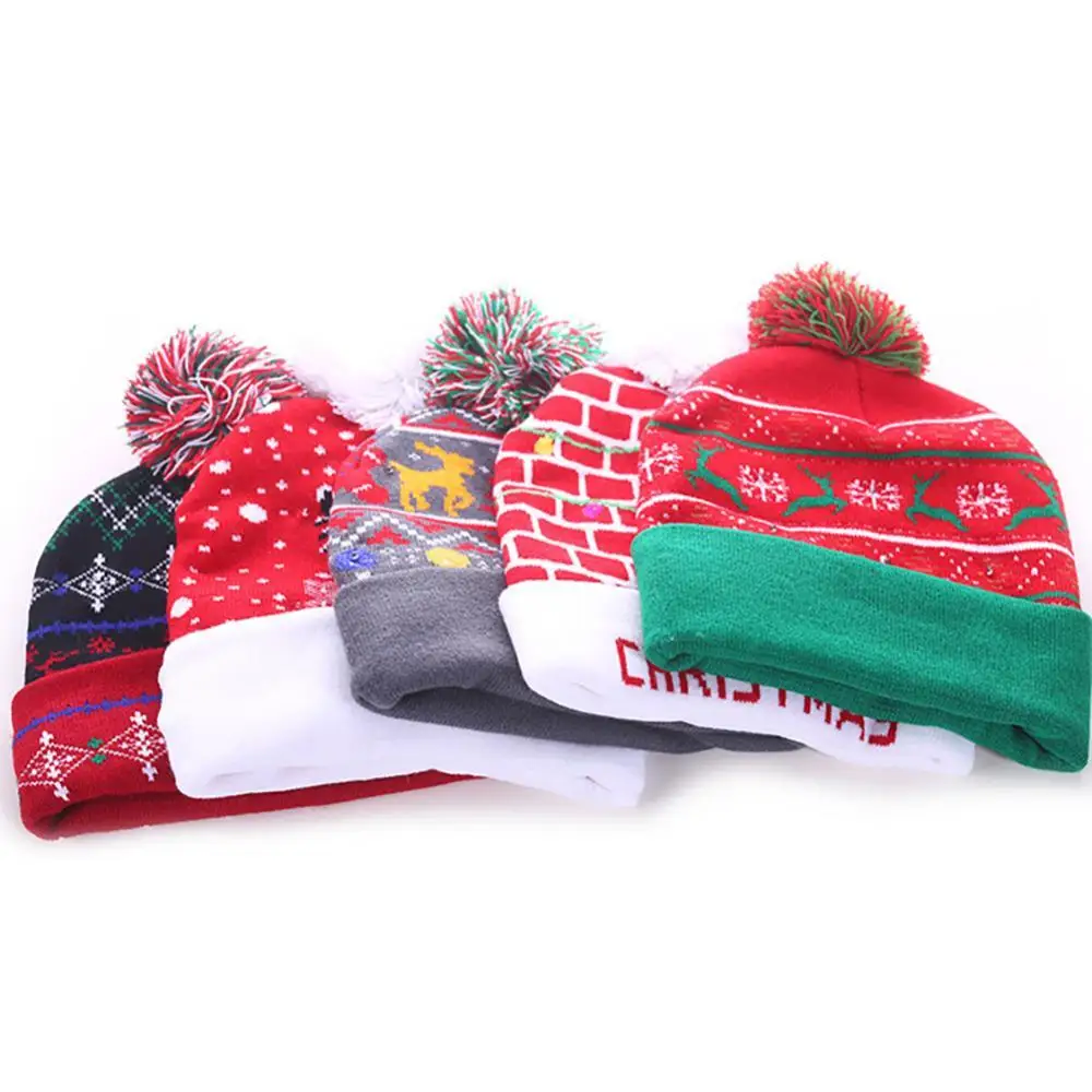 

Fashion Unisex Hats Winter Thick Warm Knitted Beanie Hat with LED Lights Xmas Decor Christmas Sweater Hat For New Year Supplies