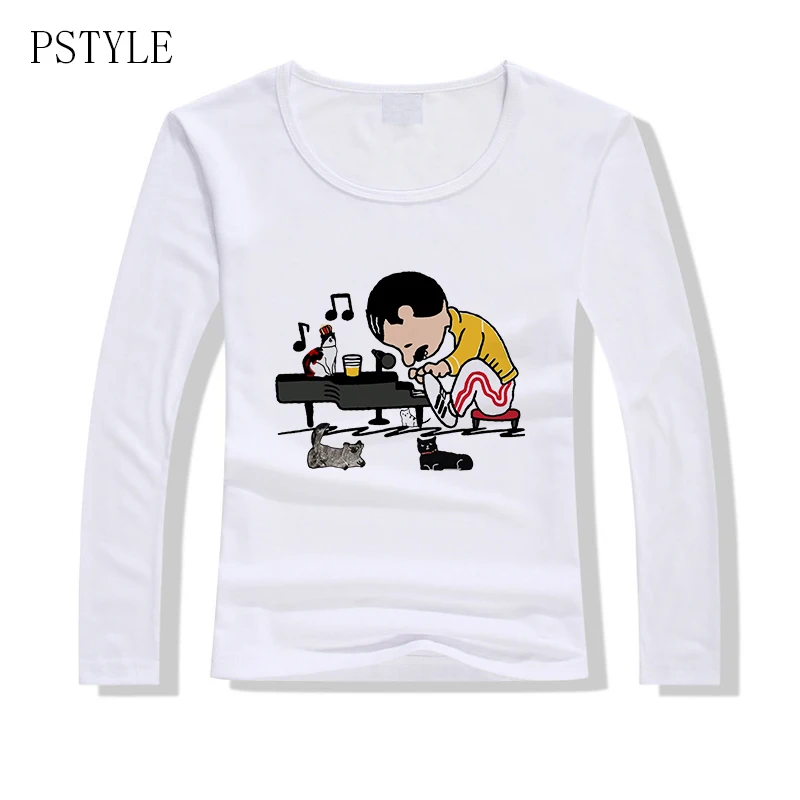 Kawaii Мультфильм женская футболка Фредди Меркьюри играть пианино кошка забавная