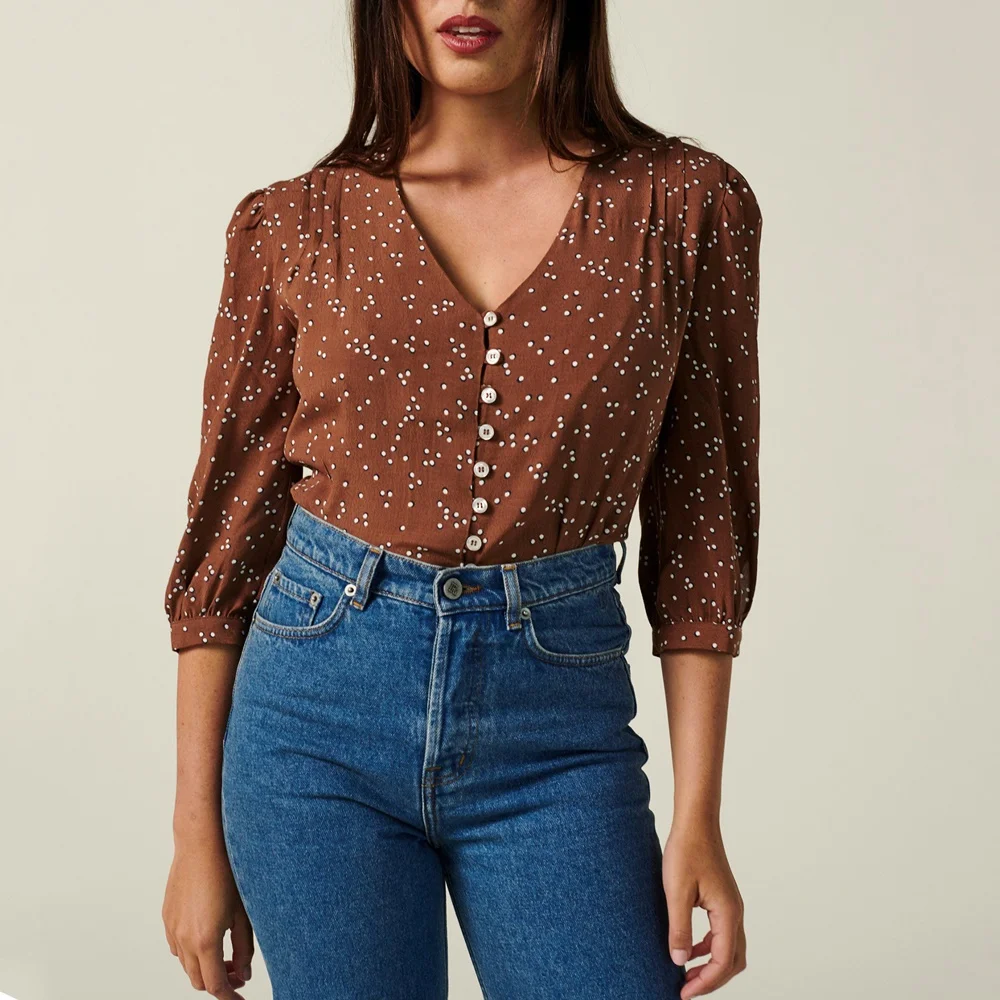 Блузка женская с коротким рукавом цветочный принт V-образный вырез элегантная