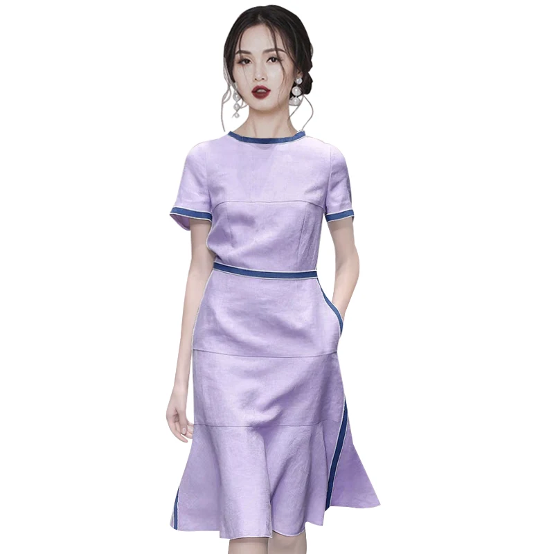 

Summer new sweet stitching dress round neck short sleeve slim korean fashion thin sexy style for women elegant dresses