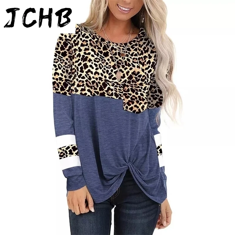 

Top Spring Women Long Sleeve T Shirt 2021 Casual O Neck Pocket Tops Female Leopard Stitching Tees Fashion Loose Lady T-shirt 2XL