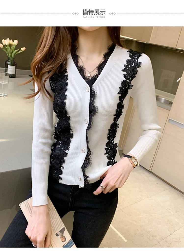 

Autumn Fashion Stitching Contrast Color Lace Knitted Patchwork Korean V-neck Cardigan Single-Breasted Women Coats Outerwear
