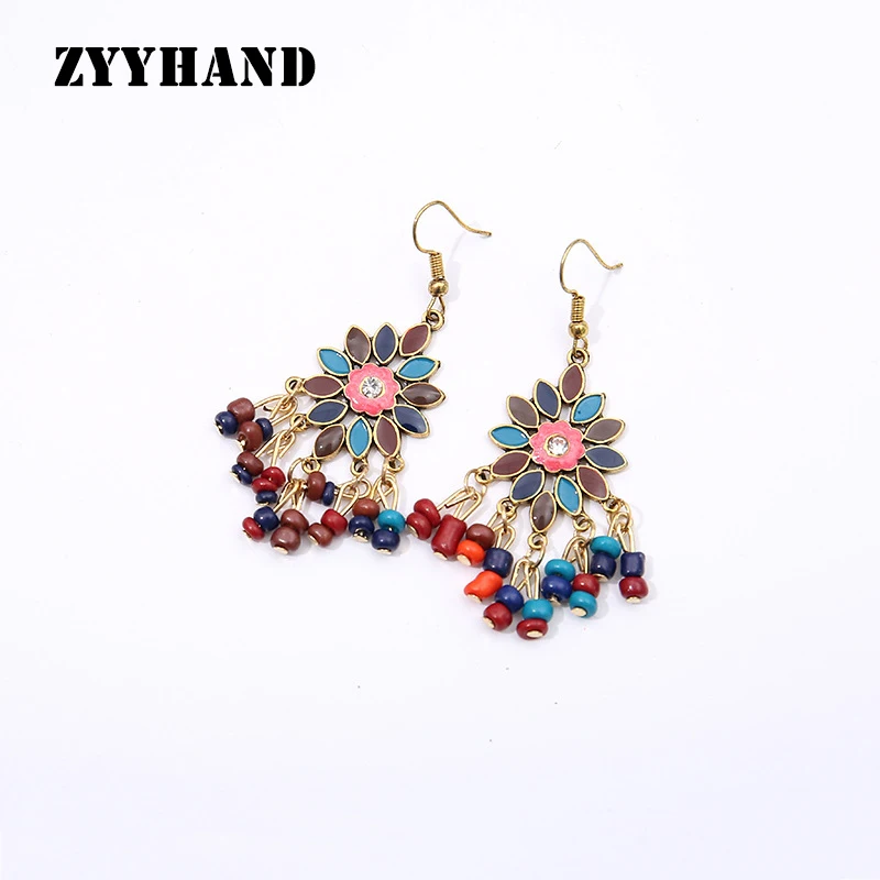 Модные женские серьги в богемном стиле винтажные маленькие бусины цветочные
