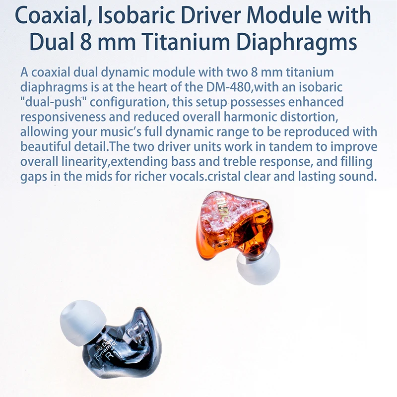 

DUNU DM480 Titanium Dual Dynamic Driver In-ear Earphone with 2 Pin/0.78mm Detachable Cable 3D Printed Shell DM-480