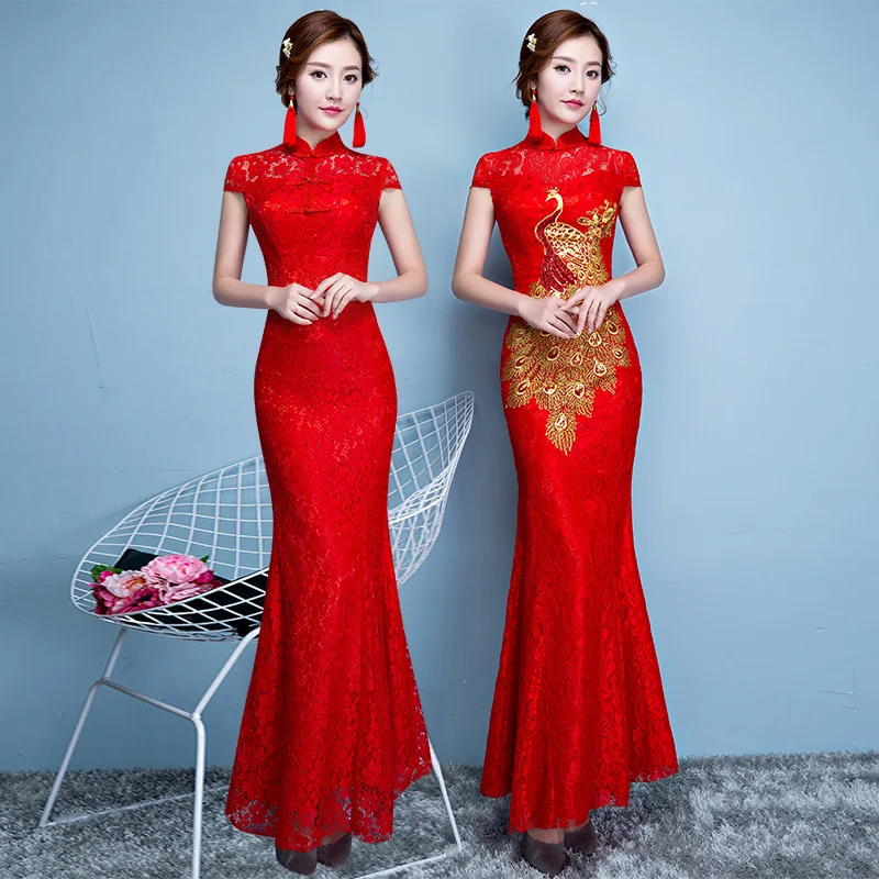 

Red Lace Mermaid Chinese Style Dress Long Cheongsam Elegant Dress Vestidso Vintage Embroidery Bride Chinese Wedding Qipao Women