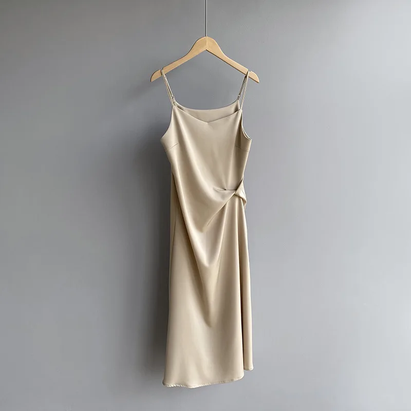 

2021 Women Sexy Sleeveless Long Dress Women Vintage Satin Summer Dress Boho Solid Color Slim Waist Design Women Dress Vestidos