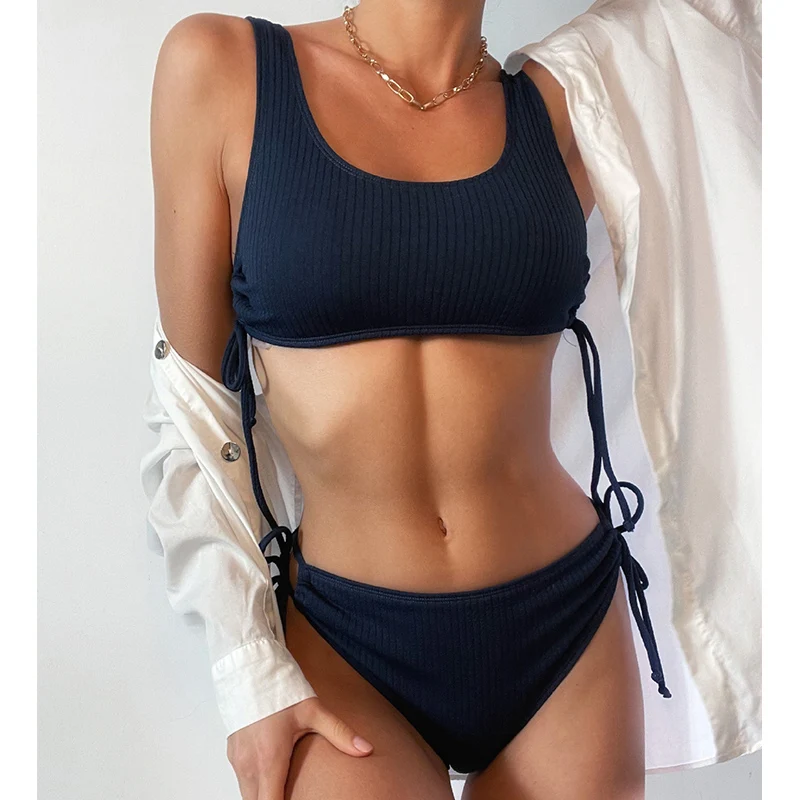 

Sexy Ribbed Swimwear Bikini Swimming Suit For Women High Waist Swimsuit Bandeau 2 Piece Set Beachwear Solid New Biquini