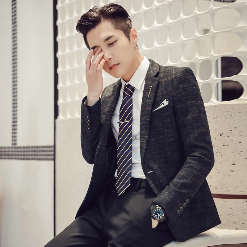 Мужской повседневный костюм в клетку британский Свадебный жениха из шерстяной