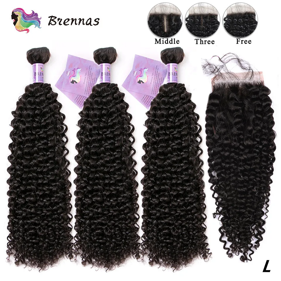 

Kinky Curly Hair Bundles with Closure natural color Brazilian human Remy hair weaving with 4x4 lace closure for women 8-26''