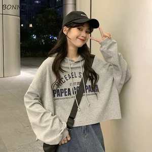 Hoodies Women Letter-printed Hooded Cropped Tunic Long Sleeves Student Unisex Kpop Ulzzang Autumn Clothes Loose Cute Fashion Ins