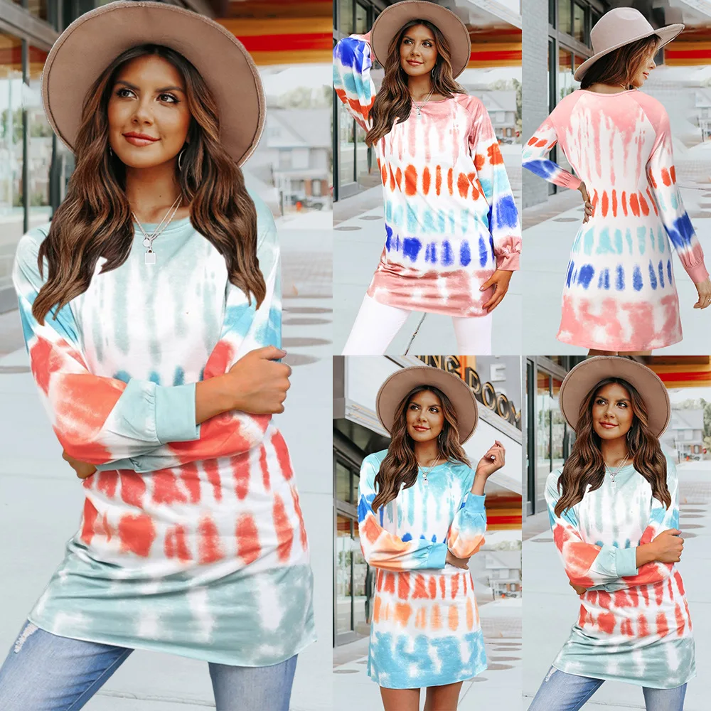 

Casual Loose round Neck Long Sleeve Tie-Dye Printed Mid-Length Sweater Dress European and American Dresses for Women