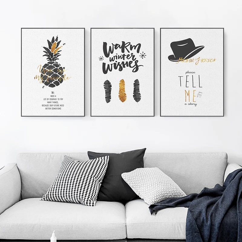 Современная модная Картина на холсте с золотым ананасом и английскими фразами